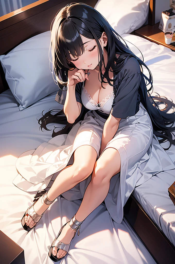 beautiful woman sleeping on hotel room bed, clean room,wearing White skirt and high heels, Long hair,shot from a bird's-eye view,Full-body photo,aesthetics,fantasy art,detail painting,2.5D,HD 4K,--ar 4:3 --niji 5