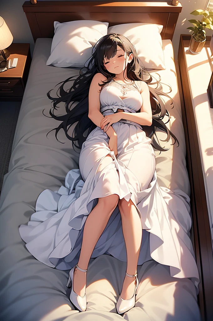 beautiful woman sleeping on hotel room bed, clean room,wearing White skirt and high heels, Long hair,shot from a bird's-eye view,Full-body photo,aesthetics,fantasy art,detail painting,2.5D,HD 4K,--ar 4:3 --niji 5