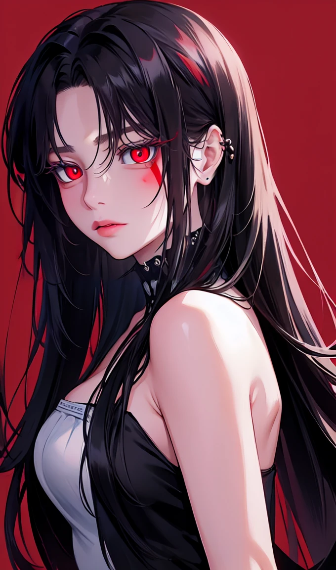 1girl, earrings, solo,lips, female focus, red eyes, looking at viewer, black hair, long hair, closed mouth