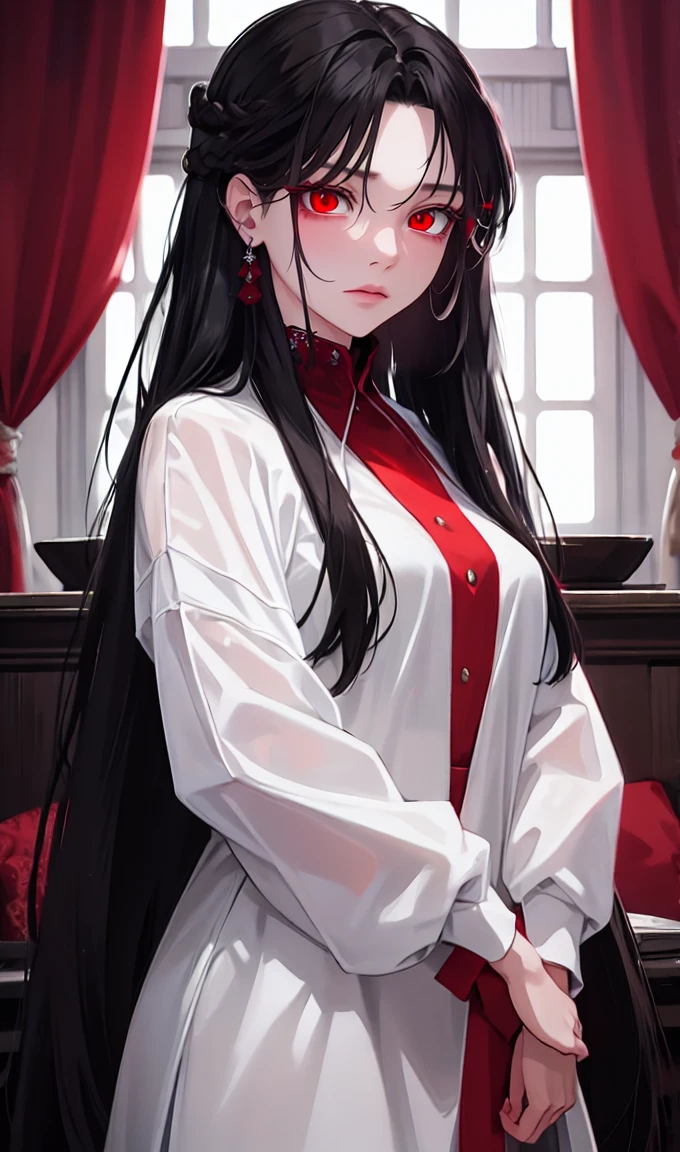 1girl, earrings, solo,lips, female focus, red eyes, looking at viewer, black hair, long hair, closed mouth