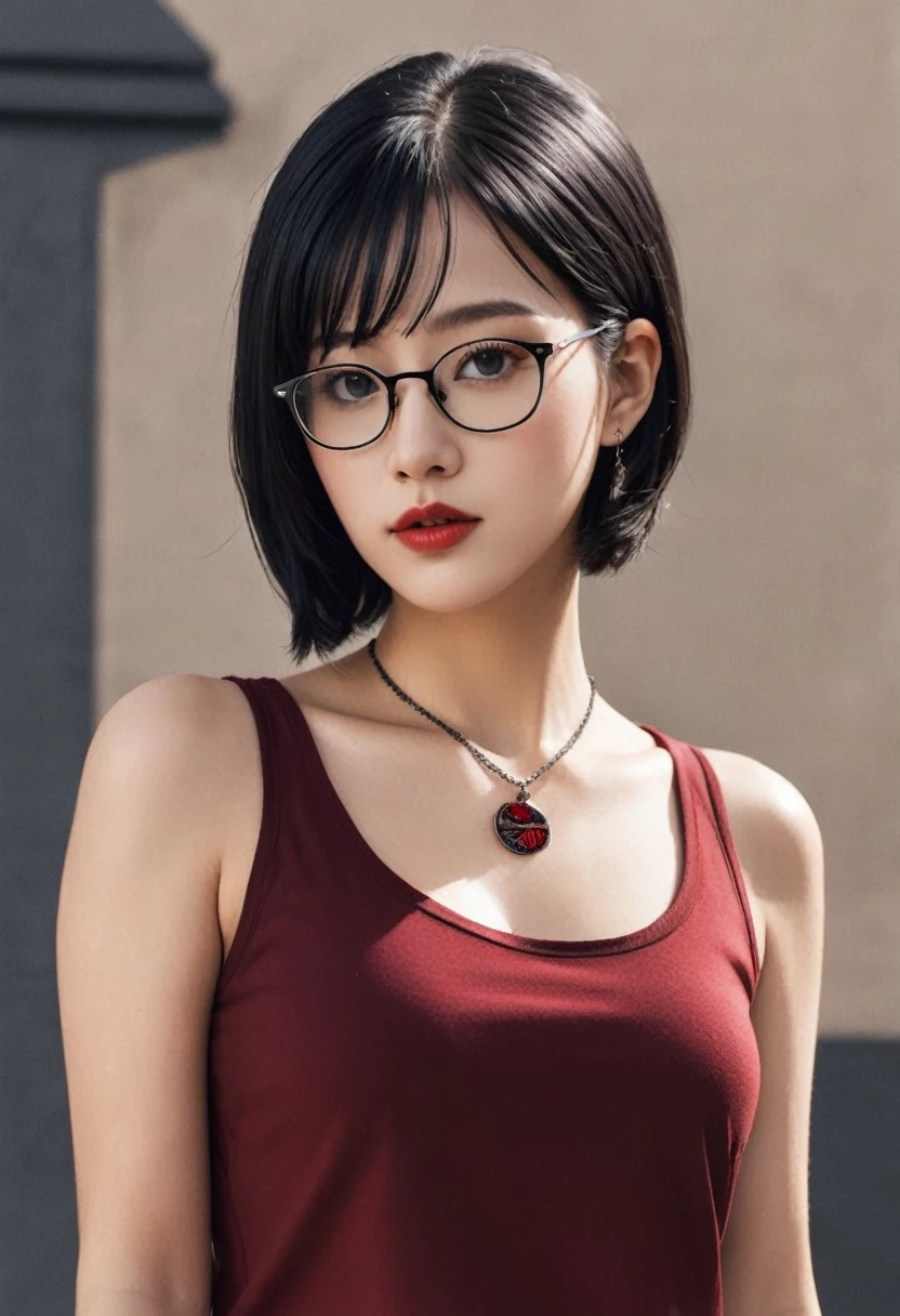 The image is a digital artwork of a young woman with black hair and glasses, wearing a black and red outfit with a necklace and a tattoo on her right shoulder.