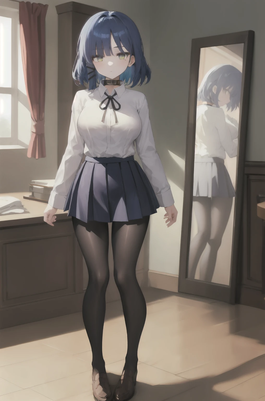 masterpiece, best quality, ultra-high-detailed, 1girl, white shirt, neck ribbon, short over long sleeves, pleated skirt, black pantyhose micro tanding、(Expressionless:1.3), Wide Hips, Thick thighs, (Thigh Gap:1.2), （Big Breasts:1.4),a room、（Wearing a collar）、（Being connected by a lead、）（squat:1.4)