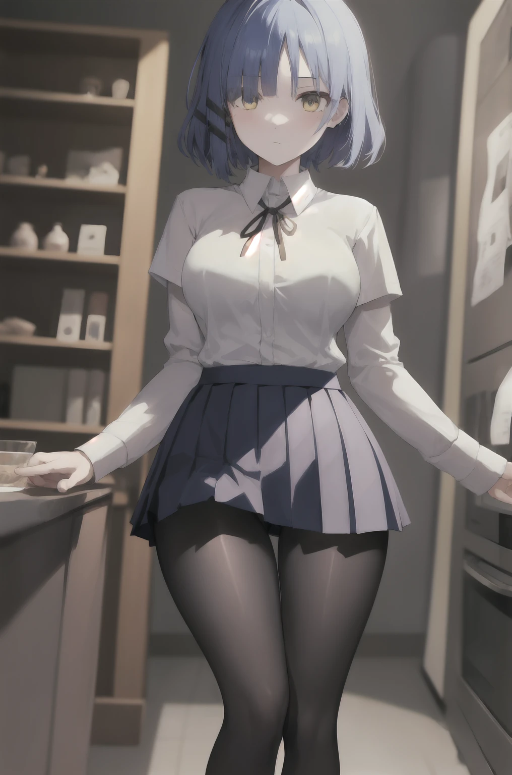 masterpiece, best quality, ultra-high-detailed, 1girl, white shirt, neck ribbon, short over long sleeves, pleated skirt, black pantyhose micro tanding、(Expressionless:1.3), Wide Hips, Thick thighs, (Thigh Gap:1.2), (Big Breasts:1.4),a room、(Wearing a collar)、(Being connected by a lead、)(squat:1.4)