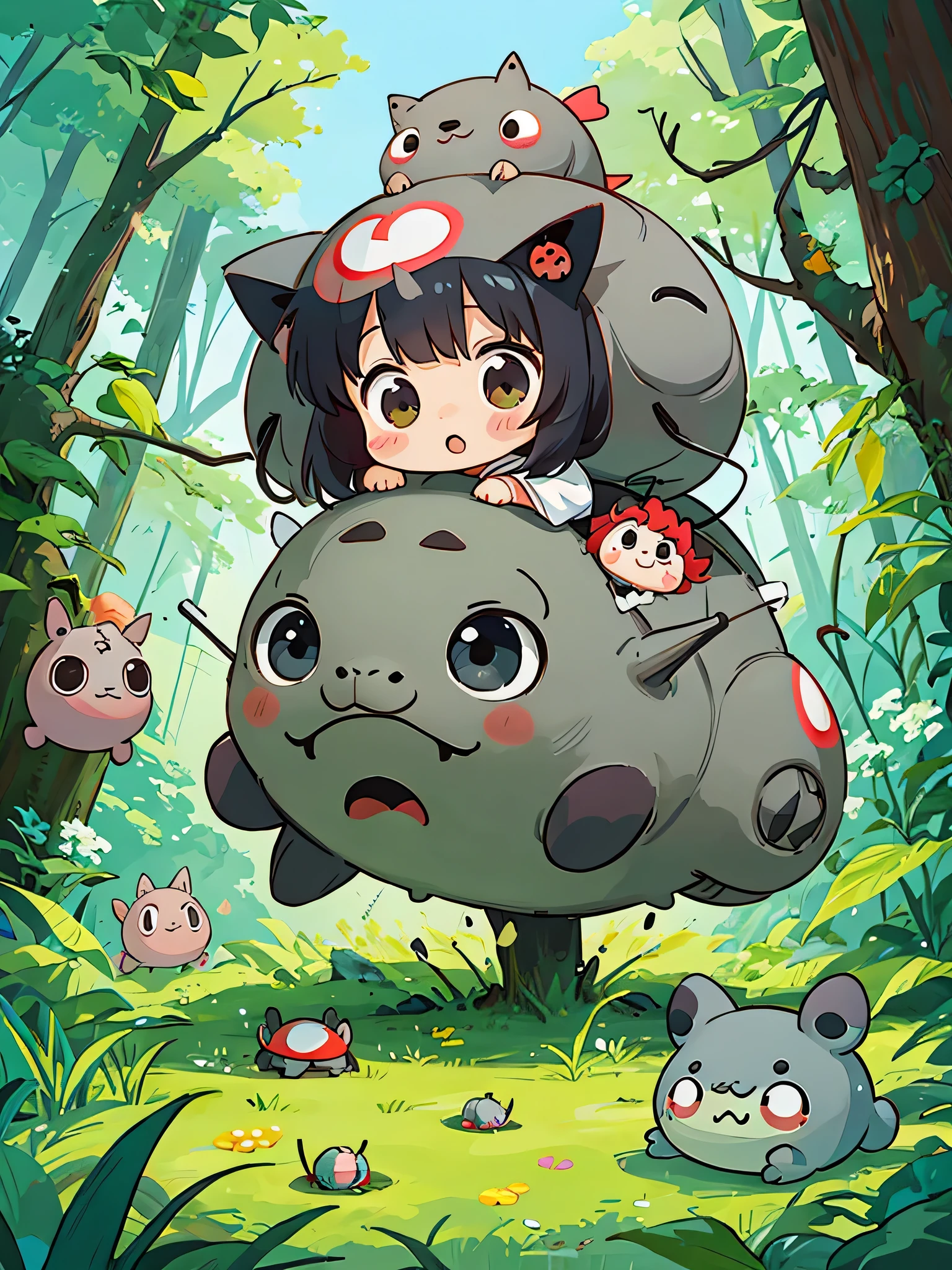 Black Star Red and White style, Kawaii Design, The most beautiful girl of all time、Chibi, Colorful and cute pillbugs, Totoro Forest