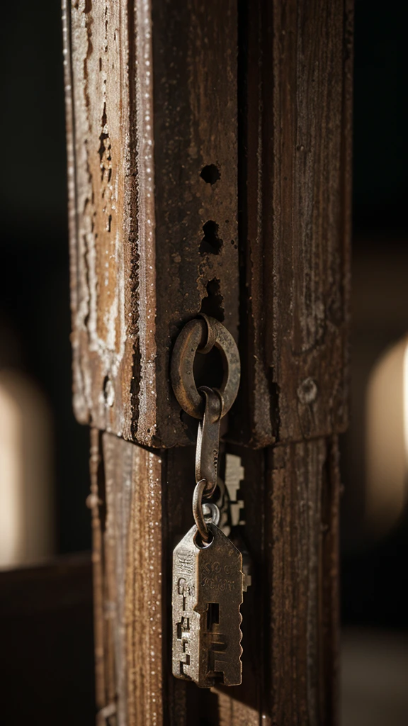 a rusty old keychain with various keys, one of them weathered and ancient, intricate details, highly detailed, photorealistic, cinematic lighting, warm color tones, 4k, (best quality, masterpiece:1.2), ultra-detailed, (realistic:1.37), studio lighting, extreme detail description, vivid colors, bokeh