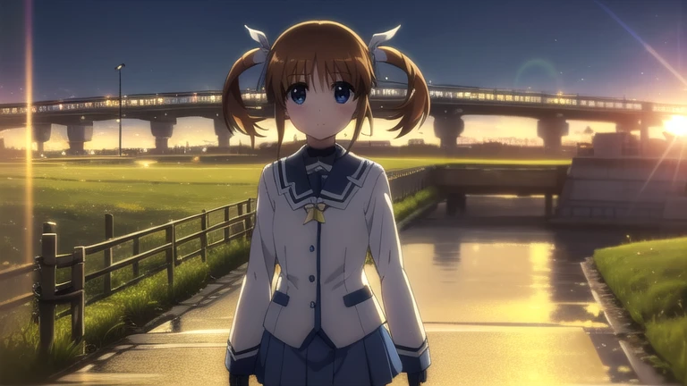 nanohatakamachi, Nanoha Takamachi, takamachi nanoha, Brown Hair, Twin tails, blue eyes,
break gloves, Long sleeve, wing, Fingerless gloves, Magical girl, wingのある履物,
break outdoors, city, night, Starry Sky,
break looking at viewer, (Cowboy Shot:1.5),
break (masterpiece:1.2), Highest quality, High resolution, unity 8k wallpaper, (figure:0.8), (Beautiful attention to detail:1.6), Highly detailed face, Perfect lighting, Highly detailed CG, (Perfect hands, Perfect Anatomy),,  3,Lithium,(masterpiece:1.2), (best quality:1.3), 1girl, (loli:1.4),, smile, hair dark brown hair, medium hair, twintails, (welsh corgi), puppy, running, shirt pink shirt, short pants blue pants short, socks white socks, shoes gray shoes, river, [[[water]]], river bank, railway bridge, a train is passing, grass fields, tree, flower, a fine day, sunlight, (lens flare:1.2), blue sky, clouds, mountain, houses, (masterpiece:1.2), (best quality:1.3), (ultra detailed:1.2), (extremely beautiful and delicate:1.2), (illustration:1.05), (close to viewer:2), (best quality:1.3), (character focus:1.5),(ultra kawaii),(very cute), five fingers, (magnificent view:1.2), ((awesome detailed)), wind (perfect )
dewy skin, perspiration on the skin,skin texture, fine lines, pores, natural imperfections,light reflections, glossy skin, shiny skin,
Rim Lighting, Subsurface Scattering, God Rays, Chromatic Aberration, bokeh, Lens Flare, Volumetric Lighting, Anamorphic Lens Flare, Bloom, Depth of Field,backlight, soft bounced lighting, soft natural lighting, candolelight, neon light, hard(soft) shadows, spot light,

