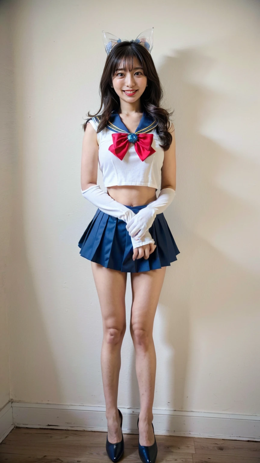 (8K、RAW Photos、Highest quality、masterpiece:1.2)、(Realistic、Realistic)、1 Girl、((Sailor Moon Costume:1.2、Thin legs、whole body、View from the front、smile、Looking into the camera、Hold your skirt with both hands and show me your panties))、cute