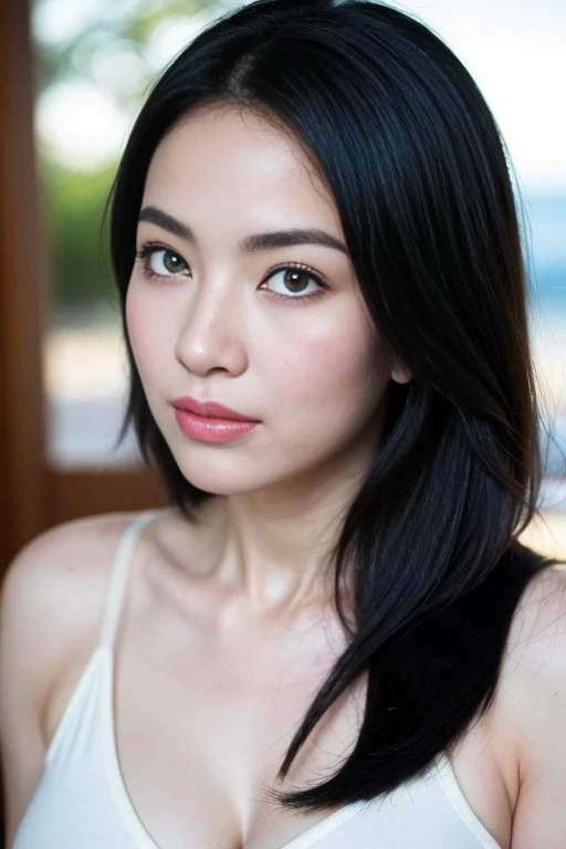 One woman、Amazingly beautiful、Strong Aboist black hair、Extremely short hair、Ultra detailed face、Lips Detail、Detailed eyes、double eyelid、Highest quality、masterpiece、Shiny skin、Solar flare、Award-winning photography、Healthy Body、Uplifting、Real、Realな顔、dramatic、dark、Sharp Focus、8K、20-year-old、Full body photo(Highest quality、8K、masterpiece:1.3)、Sharp Focus:1.2、Beautiful woman with perfect figure:1.4、Chubby body type、Small belly:1.2、(Layered Hairstyles:1.2)、maximum:1.3、Pure white bra、Pure white panties、(distance:1.5)、Moist body:1.1、Extremely delicate facial and skin texture、Fine grain、Sexy crotch、Real Skin、Real eyebrows、Beach、VistaWave、coco、Evening Light、Model posing on the catwalk、Gaze towards the viewer。Large Breasts、long hair、