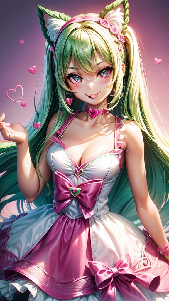 (( barbie pink emerald green hair color)), pink eyes,sexy woman, cat ears, hearts, floating hearts, face only, long hair, smiling, hair ornament, up close face, closed mouth smile, up closeface, hair bows, sexy body
