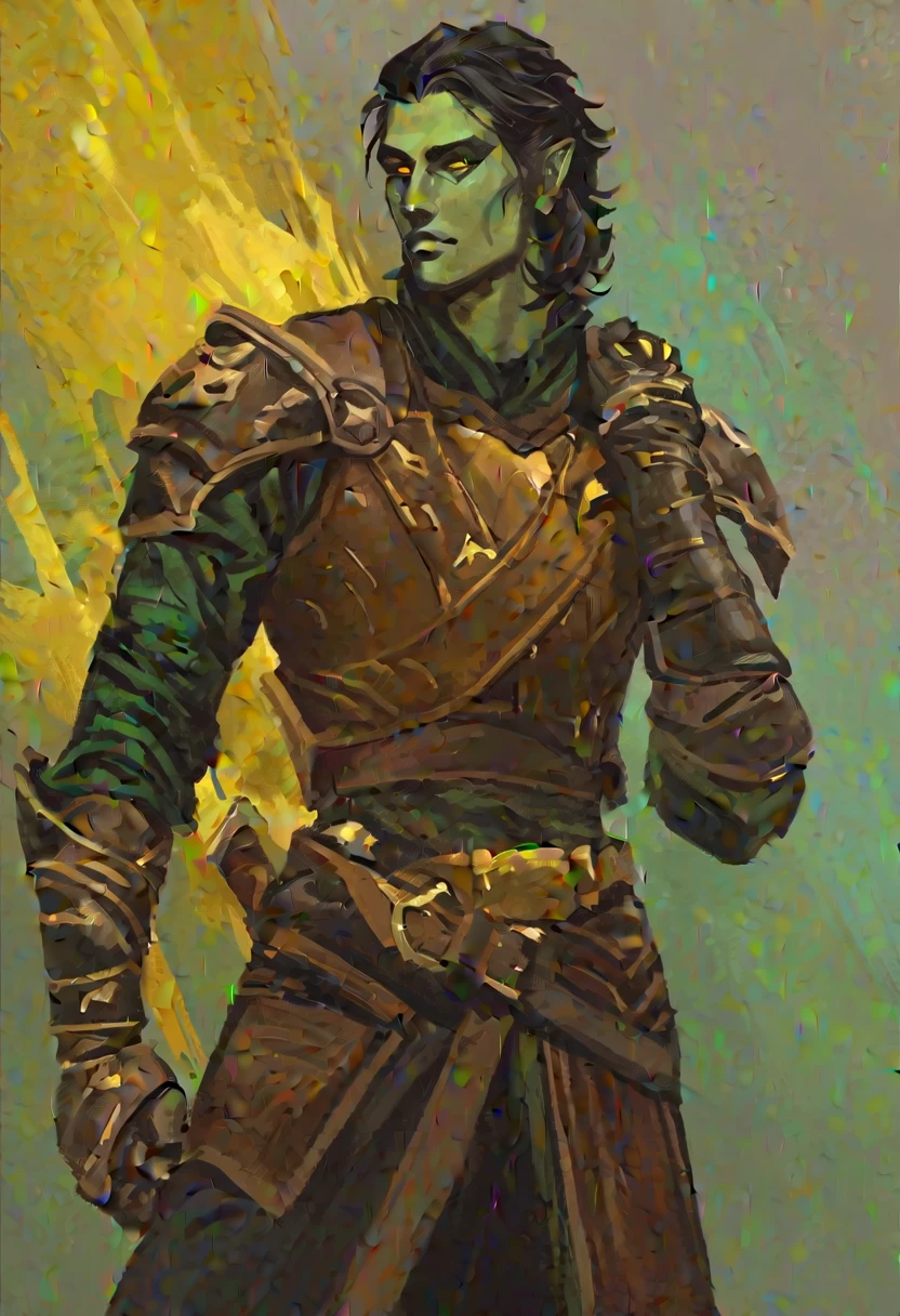 digitalpainting, pictorial \(styled\), male rogue from the Elder Scrolls series, trunk, fully body, short dark hair, golden eye, Light green skin, brown leather armor, without shoulder pad, Dynamic shading, expressive brushstrokes, oil on canvas, extremely detaild, light and dark colors, imagem sem fundo