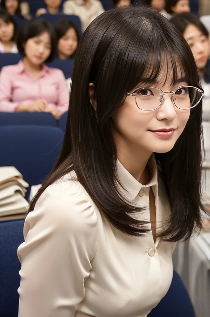 Adult sex appeal、University lecture hall, university psychology associate professor, ((full body)), ((photo)), ((best qualtiy, 8K, tmasterpiece:1.3)), Focus:1.2, perfect figure beautiful woman:1.41woman, cowboy shot, look at viewer, eyes facing the camera, incredibly absurd, beautiful and cute woman with a photorealistic face, showcasing top-quality craftsmanship, A Japanese woman giving a lecture at a university lecture hall, 27 years old, with a bob cut and flipped hair, short bangs swept at an angle, smooth and shiny hair, natural hairline, fair and smooth skin, plump and healthy cheeks, large, jet black eyes, round eyes, long and upward-facing eyelashes, double eyelids, thin and straight eyebrows, small and round nose, plump lips, upturned corners of the mouth, charming smile, cute face, glamorous, well-balanced proportions, tall, beautiful D-cup breasts, silver-rimmed glasses, pink blouse, black tight skirt, fashion with a waist-marked silhouette, scarf, heeled shoes, vanilla perfume, beautiful, pretty older woman, glasses suit her, knowledgeable, playful, curious, smart, elegant, November