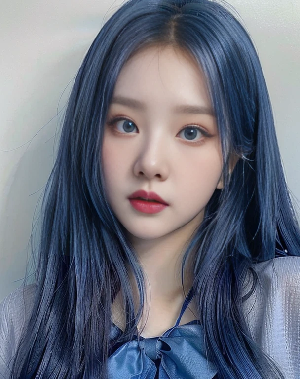 a close up of a person with blue hair and a blue shirt, South Korean popular makeup, ulzzang, with blue skin, Popular Korean makeup, pale korean adorable face, sky blue straight hair, Sakimichan, cruel korean gothic girl, color blue, with blue hair, jaeyeon nam, 8k)), blue hairstyle, rico color blue, korean girl