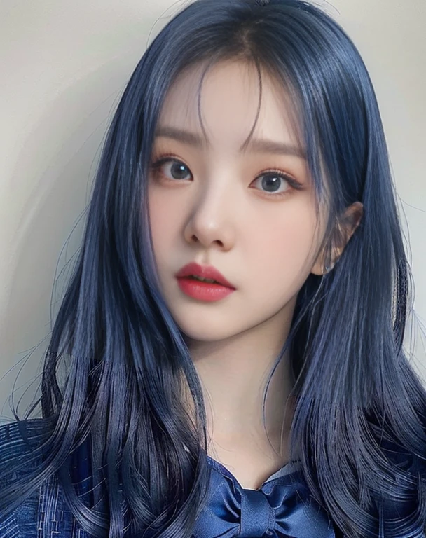 a close up of a person with blue hair and a blue shirt, South Korean popular makeup, ulzzang, with blue skin, Popular Korean makeup, pale korean adorable face, sky blue straight hair, Sakimichan, cruel korean gothic girl, color blue, with blue hair, jaeyeon nam, 8k)), blue hairstyle, rico color blue, korean girl