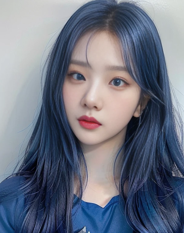 a close up of a person with blue hair and a blue shirt, South Korean popular makeup, ulzzang, with blue skin, Popular Korean makeup, pale korean adorable face, sky blue straight hair, Sakimichan, cruel korean gothic girl, color blue, with blue hair, jaeyeon nam, 8k)), blue hairstyle, rico color blue, korean girl