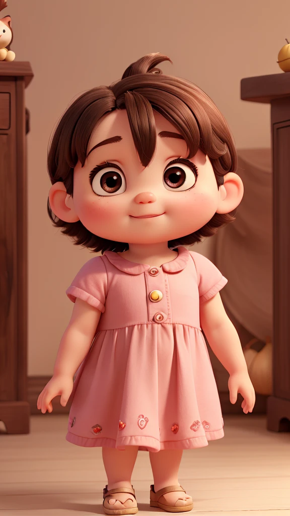 baby , 1 year, chubby, acorn chin, stretched eye, small eye, dark hair, very short hair, little hair, skin fair, pink dress, rolled dress, princesselise, sapatos brancos, 