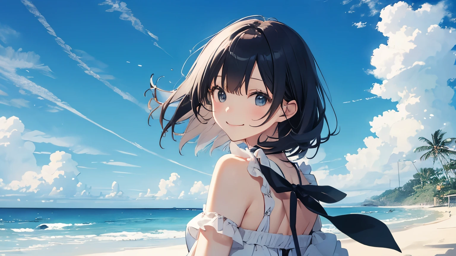 (Cute older sister:1.3)、smile,Summer atmosphere、((Strong winds))、The sky is falling,Ocean,Tropical atmosphere,Relaxing