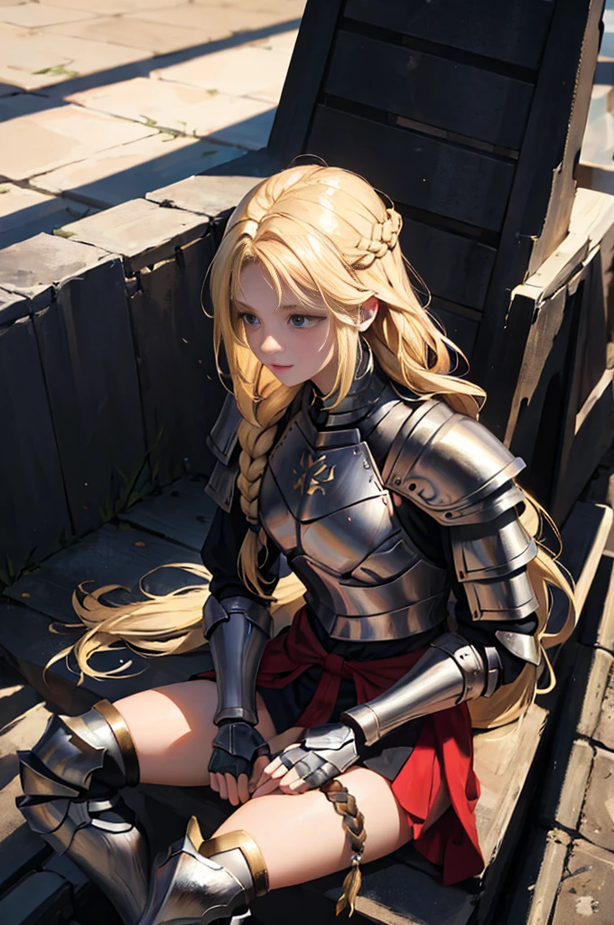 ((masterpiece)), 4k, absurdres, best quality (1girl), 1girl, armor, blonde hair, braid, long hair, planted, ruins, shoulder armor, sitting, solo