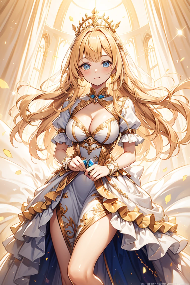 age girl,fantasy world princess,obsessed,Rich cleavage,fakebreasts, In love,Saint,(Yellow and white princess dress:1.3),blond hair blue eyes,eBlue eyes,super super detail,Ruffles,Lots of lace,(There are stripes on the clothes:1.2),(dress nicely:1.1),(Multi-layered skirt),sheer transparent clothes,beautiful detailed face,light,natta,the only person,Lace,(shine:1.2), (Best quality at best), (tmasterpiece:1.2),sparkling gemstones