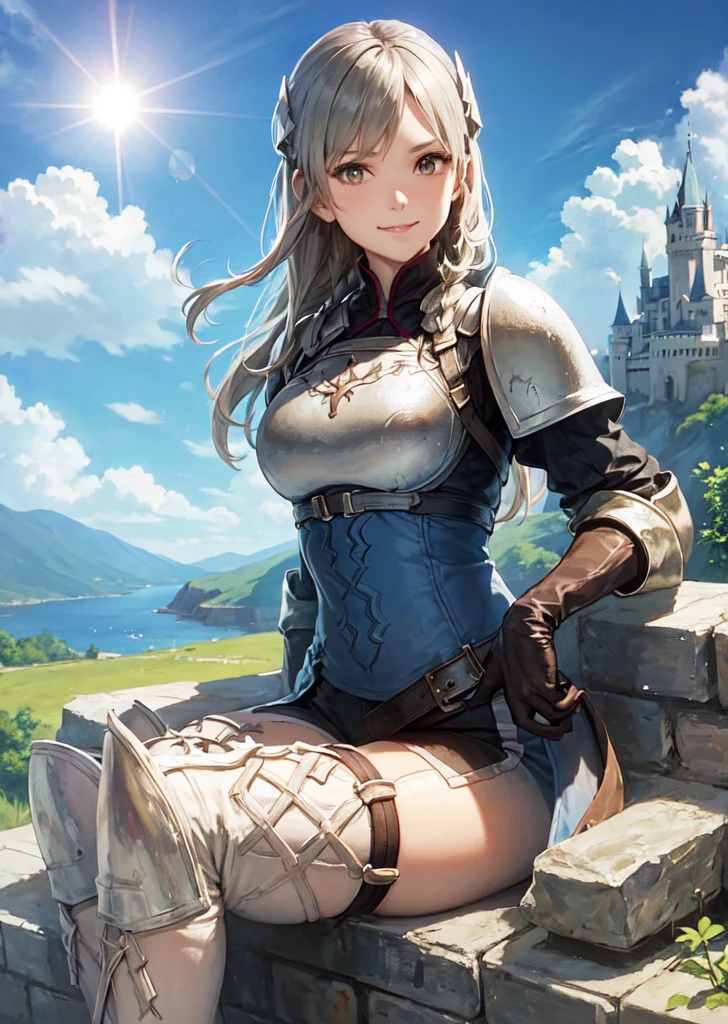 outdoor, on the castle wall, stone castle, fantasy background, cleary sky, sun, lens flare,
looking at viewer, sitting on the stone wall, smile, weapon aside, polearm, hand on hip, thick thighs,
ravness loxaerion, armor, gloves, thighhighs,
OverallDetail,