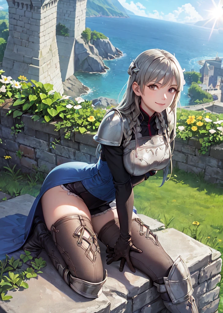 outdoor, on the castle wall, stone castle, fantasy background, cleary sky, sun, lens flare,
looking at viewer, sitting on the stone wall, smile, weapon aside, polearm, hand on hip, thick thighs,
ravness loxaerion, armor, gloves, thighhighs,
OverallDetail,