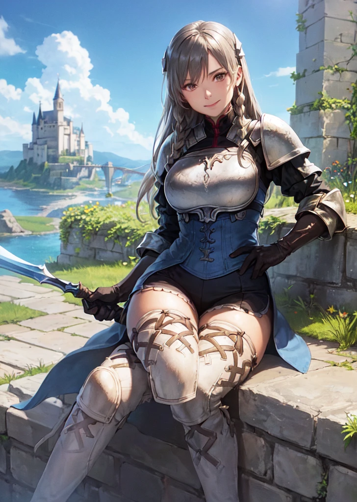 outdoor, on the castle wall, stone castle, fantasy background, cleary sky, sun, lens flare,
looking at viewer, sitting on the stone wall, smile, weapon aside, polearm, hand on hip, thick thighs,
ravness loxaerion, armor, gloves, thighhighs,
OverallDetail,