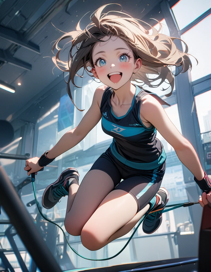(8K, best quality, master piece: 1.2), super high resolution,1 girl,solo,16yo,ultra-detailed face,detailed eyes,happy,Jumping,(holding a jump rope),indoors Fitness center