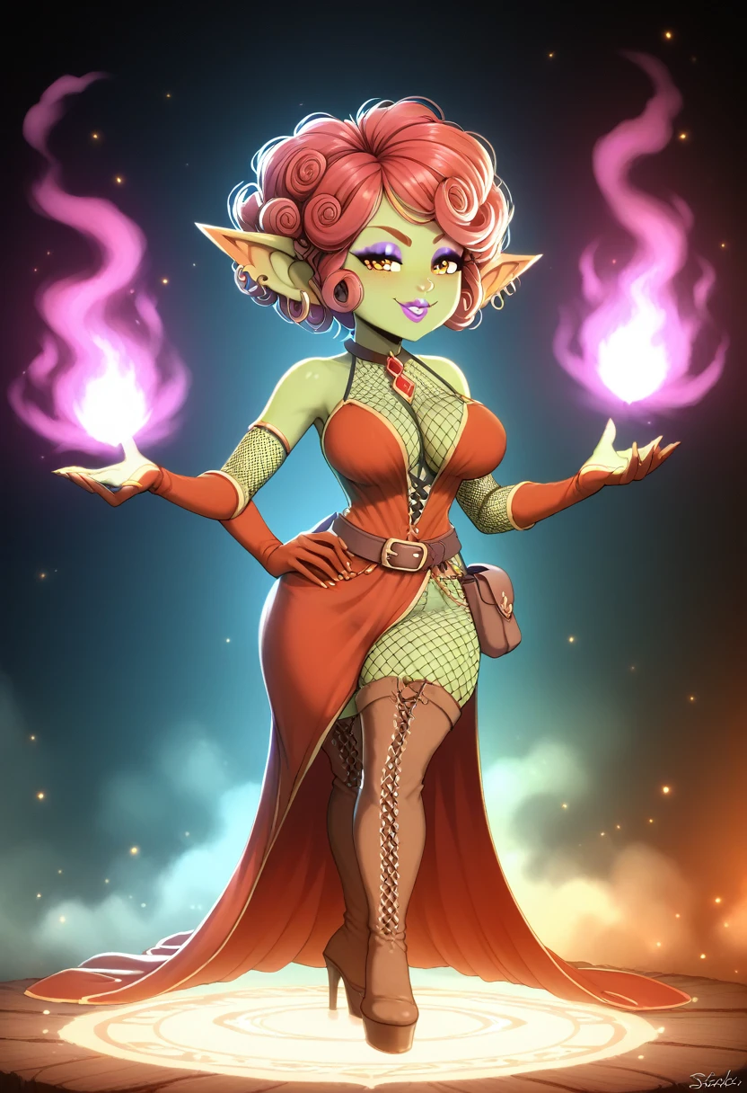 Girl, goblin girl, goblin, green skin, short, short stature, short hair, red hair, curly hair, large breasts, long gloves, thigh boots, pouty lips, masterpiece, best quality, sexy, dynamic pose, 8k, shortstack, sfw, shiny, fantasy, dungeons and dragons, high heels,  fishnets, holding, dark green skin, adventurer, slutty pose, sorcerer, sorceress, pyromancer, fire and ice, magic, fire and ice magic, long detailed slutty colorful dress, thigh pouch, very curly hair, lots of belts, curly hairstyle, lipstick, rosy cheeks, smile, eyeshadow, eye liner, belt on hip, magic, magic dress