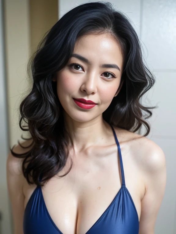 ((最high resolution、8K、最high resolution:1.3))、Photorealistic、Sharp Focus、high resolution、High resolution、Portrait、solo、Japanese、Middle-aged women、Beauty、Full Body Evian、47 years old、Long Hair、Wrinkles at the corners of the eyes、Poolside、Beautiful blue sky、Sexy figure、((Swimsuit、Swimsuit))、Thighs、((Thighs、Large Breasts))、Red lipstick、Blue eyeshadow、Curly Hair、Taking a shower、