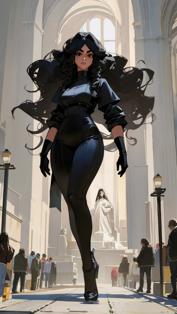 A 24-year-old woman with a full-body, ultra-realistic 8K portrait is walking down the street. She has a small face with small, intense black eyes, thick eyebrows, a small and thin mouth, and slightly bronzed skin. Her long, heavy, and curly black hair cascades down. She has large busts and thick legs. Standing at 1.57m tall, she has a beautiful and intimidating presence. Behind her, Jesus is depicted watching over her, protecting her from surrounding demons.