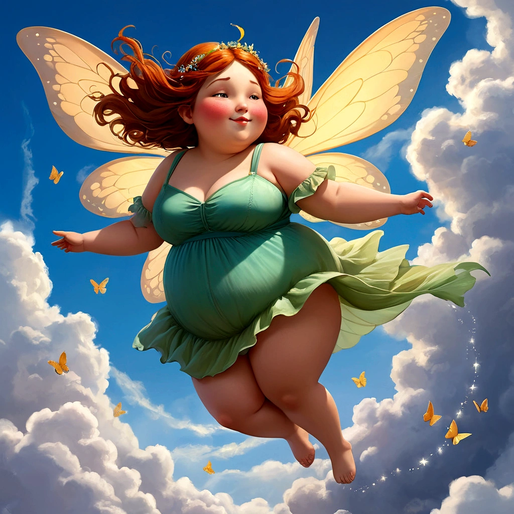 The plump fairy girl felt free and alive, flying higher and higher, and the wind blew across her face. She was filled with a feeling of surprise and delight, when she realized, that she's capable of anything, because her magic wings guided her across the sky. And when she was floating in the clouds, She knew, that her chubby fairy girl is truly living her best life.