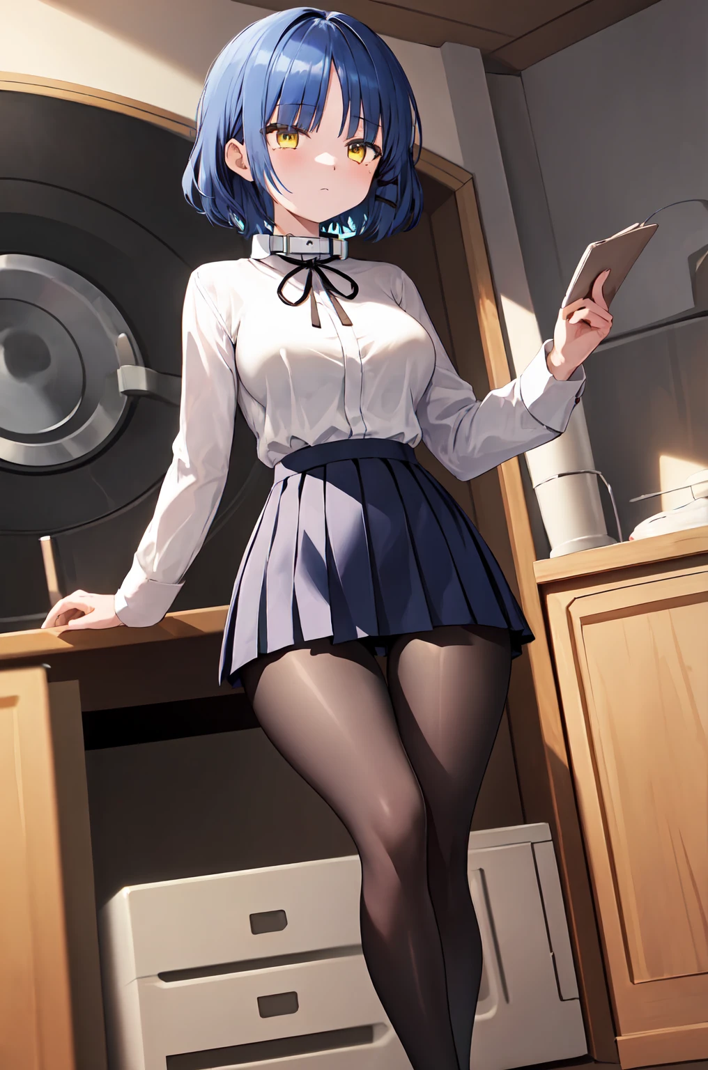 masterpiece, best quality, ultra-high-detailed, 1girl, white shirt, neck ribbon, short over long sleeves, pleated skirt, black pantyhose micro tanding、(Expressionless:1.3), Wide Hips, Thick thighs, (Thigh Gap:1.2), （Big Breasts:1.4),a room、（Wearing a collar）、（Being connected by a lead、）（squat:1.4)