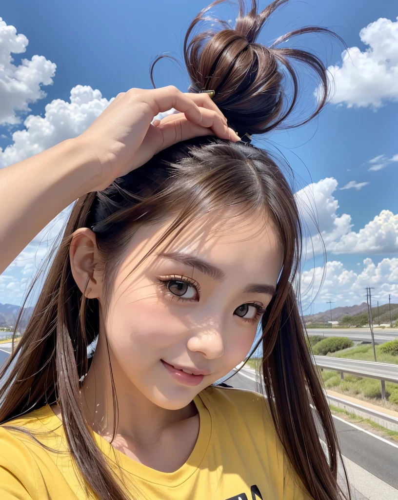 (Highest quality, 32k, High resolution, Masterpiece:1.5, ), marimo_jet, god々A photograph with brilliant dazzling and healing power., Evoking a sense of calm and elusive beauty, Expressing emotions, Have a rich imagination, The road to the horizon, Nostalgic scenery of youth, Beautiful Japanese Girls, An exceptionally beautiful face, Small Face Beauty, Perfect Human Anatomy, Magical big eyes, Motherhood and generosity, Deep Love, fleeting smile, ((Shiny brown hair:1.1)), ((A beautiful ponytail swaying in the wind)), Asymmetrical bangs, Hair between the eyes, Transparent, soft white skin, Sharp eyebrows, Thin lashes, Natural Makeup, Cheek highlighter, Pale pink detailed lips, (Yellow T-shirt:1.3), High resolutionの美しい太もも, Beautiful legs, ((California Highway)), ((The road to the horizon路)), Beautifully detailed skies, Morning sunlight, Professional Photographer, Professional Lighting, Professional Model