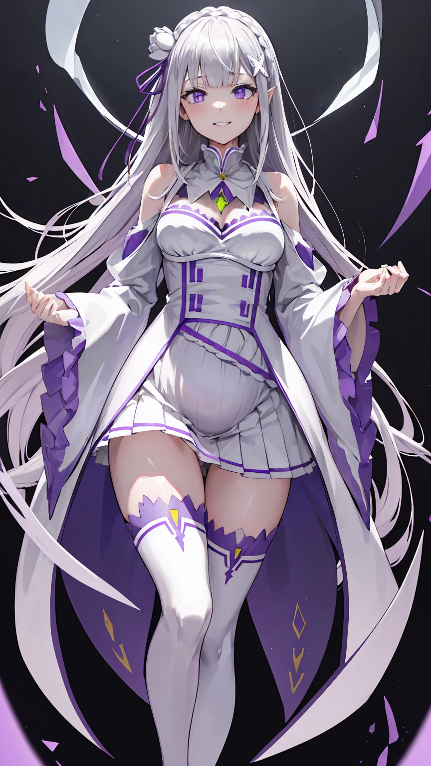 Lezero Emilia, emilia, braid, Crown braid, flower, Hair Flower, hair ornament, Hair Ribbon, Long hair, pointy ear, (Purple eyes:1.2), White hair, x hair ornament,
Break Detach Color, Detached sleeves, frilly sleeves, frilld, Long sleeves, Miniskirt, Pleated skirt, bow ribbon, Skirt, thighs thighs thighs thighs, White skirt, White sleeves, white thighhig, Wide sleeves, zettai ryouiki,

 BREAK (masutepiece:1.2), Best Quality, High resolution, Unity 8k Wallpaper, (Illustration:0.8), (Beautiful detailed eyes:1.6), extra detailed face, Perfect Lighting, extremely details CG, (Perfect hands, Perfect Anatomy),is standing、Evil Fall, 1girl in, solo, pubic tattoo,Lipakeup、lip stick、eye line / Mascara Eyeshadow Evil Fall、Bad Woman、bad looking、Empty eyes、Psychopaths、Eyes pink、Grinning、Smile, lightsmile,Knives、low angles、leggy、Long leguchimuchi、Transparent pupils、, ((Positive pregnancy test))fullbody image、high-heels、High heels、smile, Purple Lipstick、saliva, Micro Mini Skirt、Standing、(half:1.3), Wide Hips, Thick thighs, (Thigh Gap:1.2), Big Ass, (shaving、1 Girl, whole body,look up:1.4）