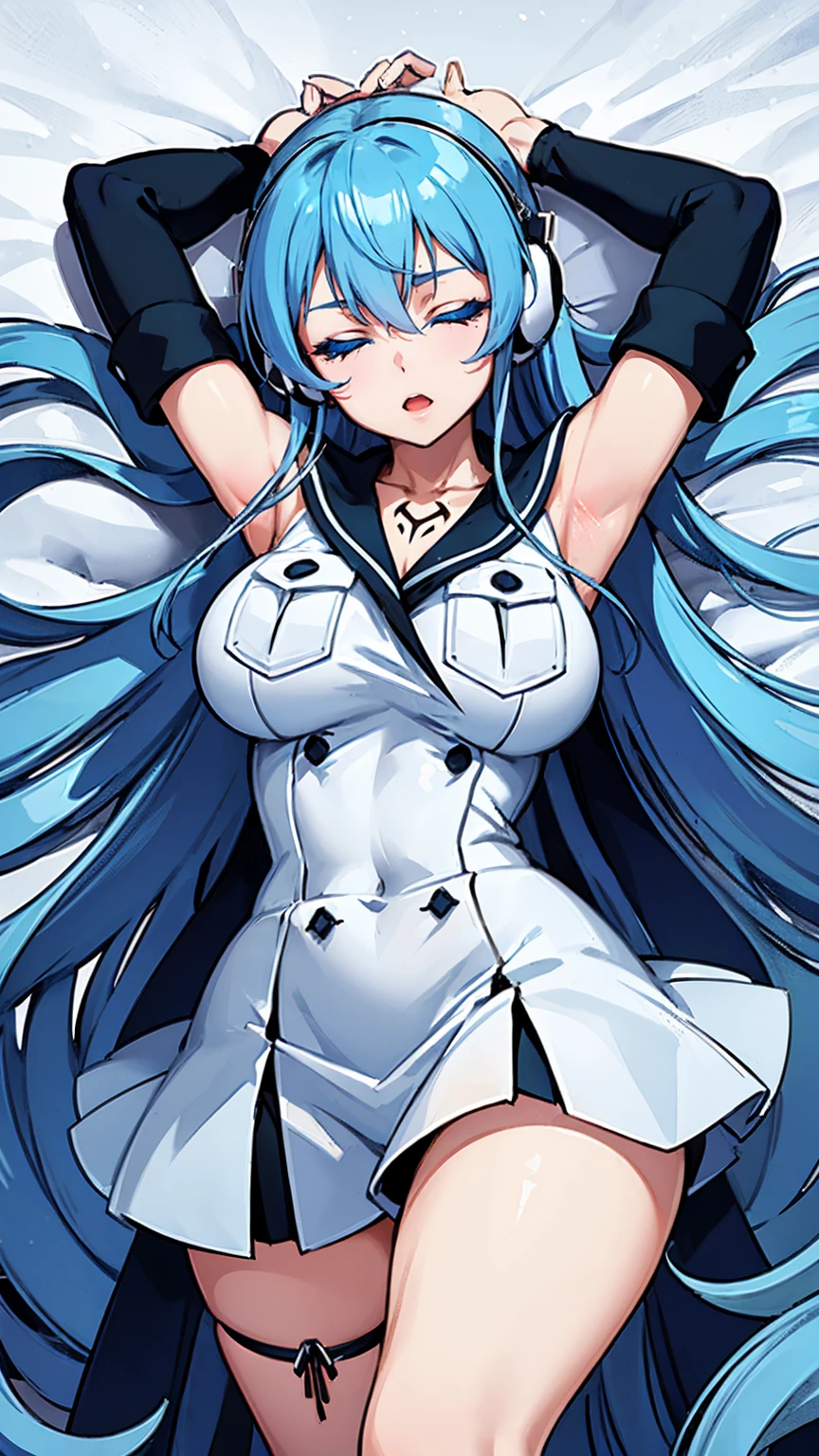 (artwork, best quality) a girl with long blue hair, closed eyes, blue eyelashes, white sailor suit, big breasts, perfect body, beautiful eyes, good waist, tattoo, screaming with joy, arms and legs open, listening to music with a headset, lying in the snow