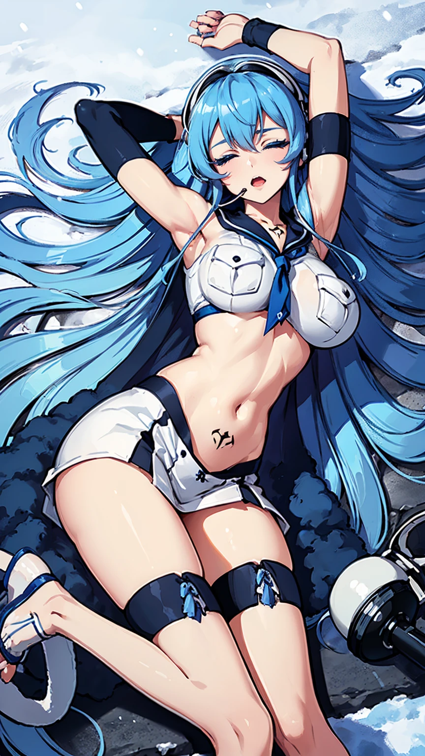 (artwork, best quality) a girl with long blue hair, closed eyes, blue eyelashes, white sailor suit, big breasts, perfect body, beautiful eyes, good waist, tattoo, screaming with joy, arms and legs open, listening to music with a headset, lying in the snow