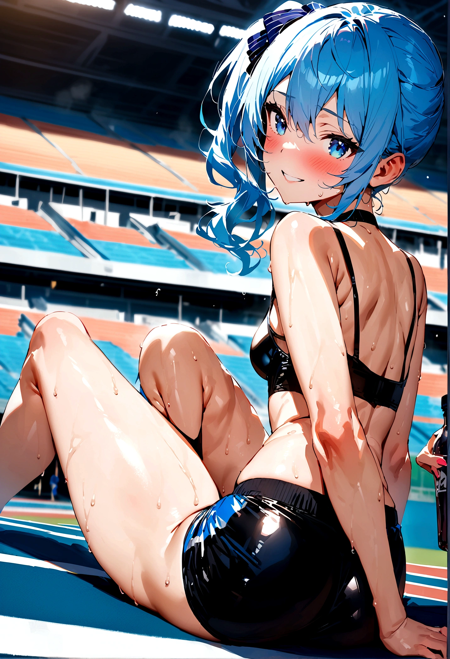 NSFW,masterpiece,Highest quality,High resolution,Super detailed,Star Town Suisei\(Hololive\),Blue Hair,One Side Ponytail,Blue Eyes,Small breasts,Track and field club,Vinyl Bra Top,Vinyl one-point shorts,Streaks,Athletics Stadium,truck,Bewitching Smile,Mischievous smile,blush,(Sweat),Sports Drink,Sitting,Leg spread,During a break,From the back,On all fours