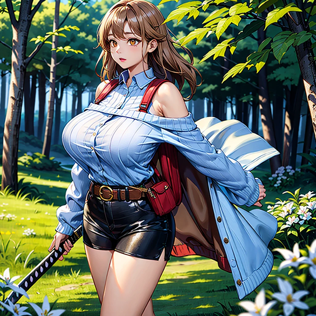 ((best quality)), ((masterpiece)), (detailed), off-shoulder sweater, Transparent body, Visible veins, Highly detailed, Upper body, one girl, young Korean woman with a Korean beautiful face, golden eyes and yellow sandy lush hair, tanned dark bronze skin, huge chest, dressed in an open coat with rolled up sleeves, a transparent unbuttoned shirt, a wide leather belt with gold yarn, leather shorts, a hiking backpack, a two-handed katana in sheathed, walking through the forest, trees with blue foliage and white flowers,