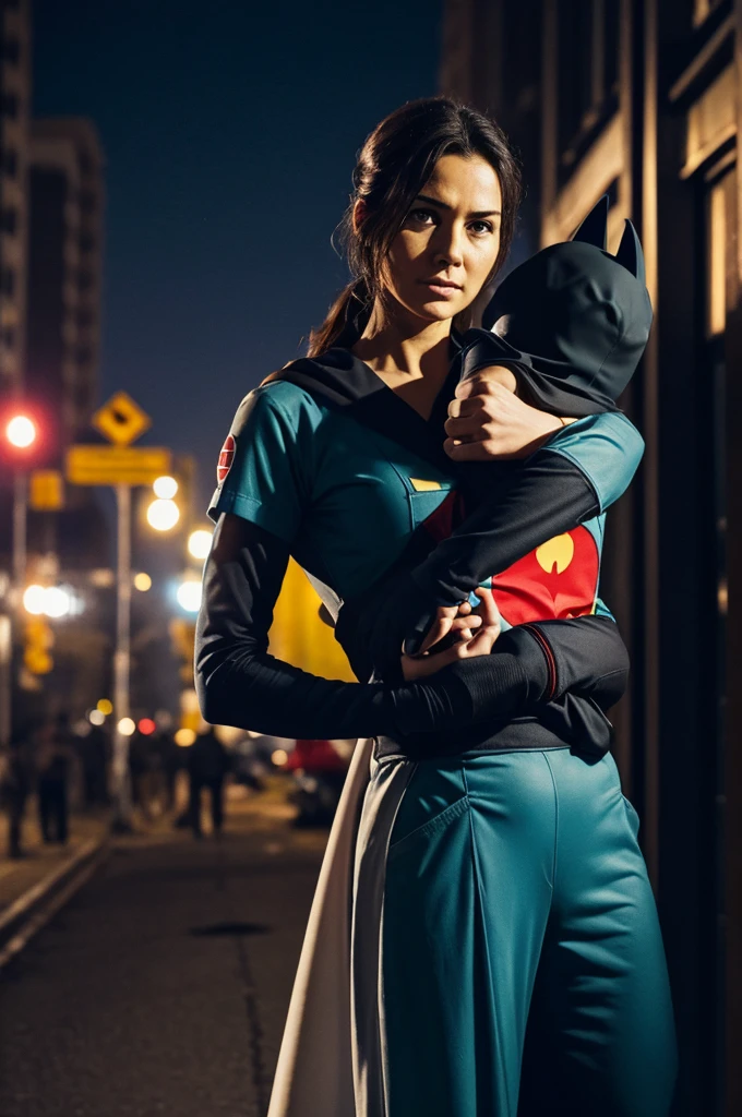 a heroine nurse in close-up, standing and full body, holds Batman in his arms, who seems to have been rescued. The nurse radiates determination and courage, with a distinctive uniform that shows your dedication to care and action. The background could be a night urban scene, emphasizing the drama and urgency of the situation. This image captures the essence of salvation and heroism at a crucial moment.