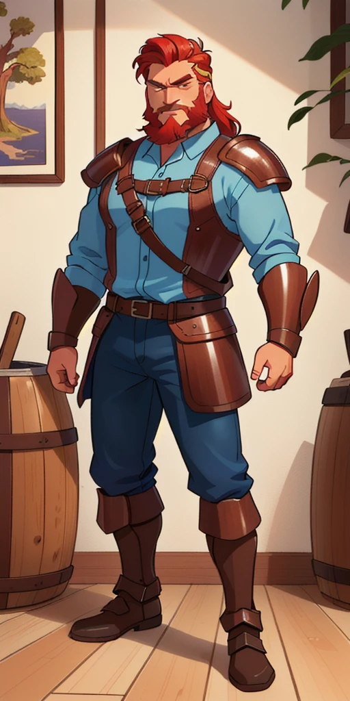 Ingólfr Einarr is a 40-year-old red-haired Viking man with a full and long beard, extroverted, muscular and very attractive, who wears his imposing medieval armor. hyper detailed and super realistic. cartoon style. Ingólfr Einarr is celebrating with a wooden jar of beer