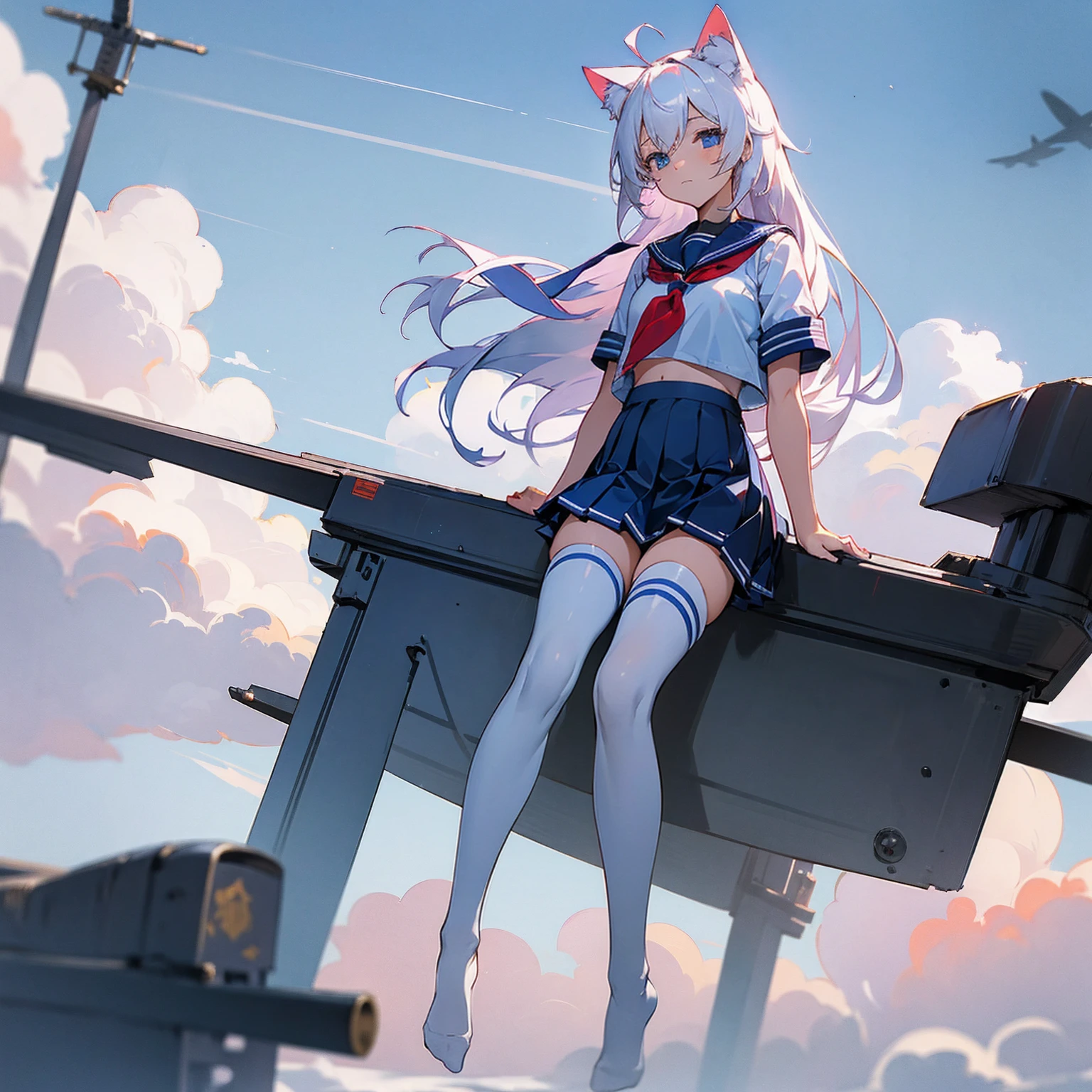 ((masterpiece, best quality)),a girl, solo, skirt, sky, sitting, thigh high socks, serafuku, cloud,outdoors ,day, bangs, fence, shirt, ahoge, rooftop, long hair, white thigh high socks,white hair, white , white sailor collar,blue eyes, sailor collar, navy blue skirt, red neckerchief, white serafuku, animal ears, animal tail, no human ears, blue sky,white shirt, looking at viewer, closed mouth,cat ears, navy blue skirt, cloudy sky, pleated,no shoes,full body,landscape, aircraft carrier, katana, katana left hip, short girl,