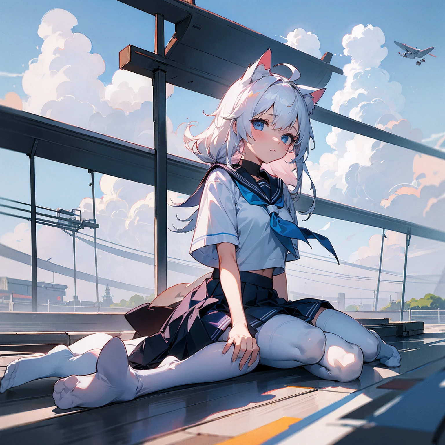 ((masterpiece, best quality)),a girl, solo, skirt, sky, sitting, thigh high socks, serafuku, cloud,outdoors ,day, bangs, fence, shirt, ahoge, rooftop, long hair, white thigh high socks,white hair, white , white sailor collar,blue eyes, sailor collar, navy blue skirt, red neckerchief, white serafuku, animal ears, animal tail, no human ears, blue sky,white shirt, looking at viewer, closed mouth,cat ears, navy blue skirt, cloudy sky, pleated,no shoes,full body,landscape, aircraft carrier, katana, katana left hip, short girl, 