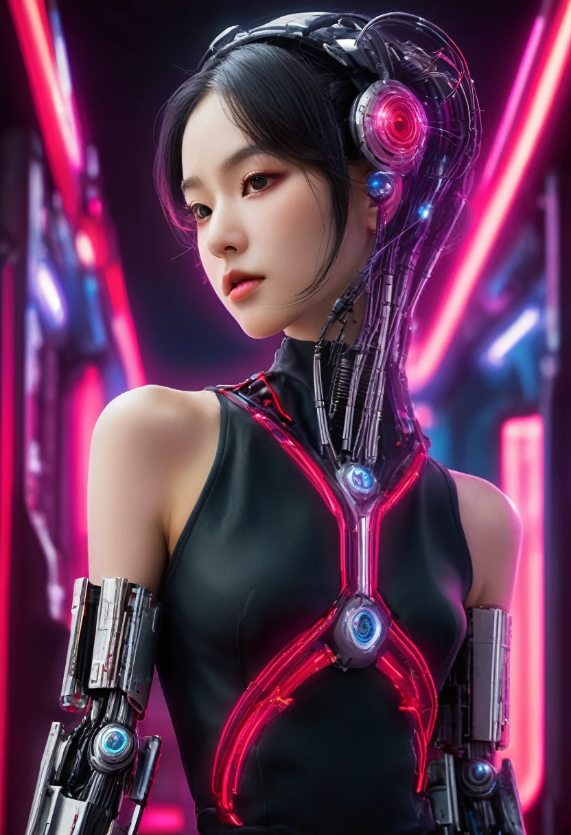 xxmixgirl. Highly detailed professional 35mm film, bokeh, face in sharp focus. A robotic female, Miku, with ((metal skin)), ((perfect Asian eyes)) with magenta irises and ((black pupils)), beautiful serious (detailed face), 18 year old ((photorealistic face)), very long magenta twin tails of magenta hair, twin black hair ties with a single red stripe. She may have a black audio headpiece. We can see her ((full body)) down to her boot soles. Her outfit is a sleeveless collared light grey shirt, outlined in red around the frilled collar and hems. Shiny reflective ((metallic breast cups, dimpleless)), invisible nipples. She wears black sleeves with red hems that start around her upper arm and bellow out as the sleeves open and extend to her wrists, with wide trumpet red rimmed cuffs. She has perfect robotic (detailed hands). She wears a red colored tie with two horizontal solid parallel black lines halfway across. She wears a fabric black skirt with a horizontal red hem at the bottom all the way around; her (((black skirt wraps around her))) and ((her skirt completely covers)) her robotic waist and thighs. Tall black boots with red bottom soles, a red rim around the top at her thighs. Her mechanical shoulder joints are visible. We can see her robotic legs and robotic neck. Half of her is covered with shiny polished machinery. The background is a distant dark neon futuristic Japanese city, gold, cyan, violet neon, near harbor or mountains.