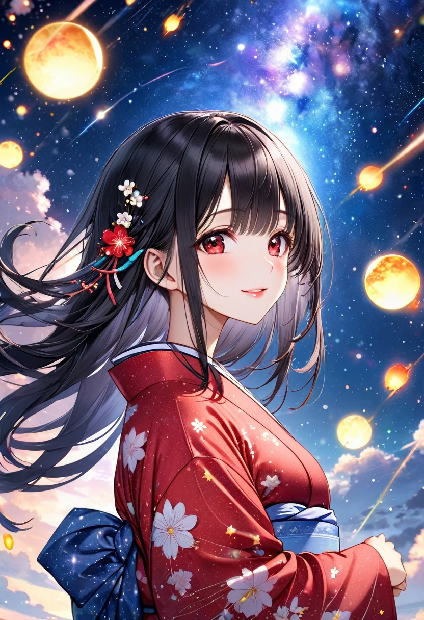 (Tanabata festival style), (in the detailed beautiful night, best sky of Galaxy), (solo:2, 18 yo, straight gloss black hair long hair cool dominance girl, cool sexy red eyes, glossy lips, love smile, big tits, looking at sky), (in a cute yukata), break, background detailed Universe and Meteor shower, BREAK, perfect anatomy, masterpiece, best quality, 16k, beautiful detailed galaxy, daydreaming expression.