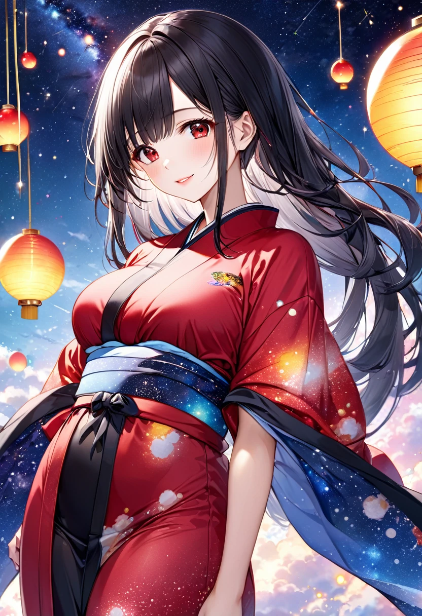 (Tanabata festival style), (in the detailed beautiful night, best sky of Galaxy), (solo:2, 18 yo, straight gloss black hair long hair cool dominance girl, cool sexy red eyes, glossy lips, love smile, big tits, looking at sky), (in a cute yukata), break, background detailed Universe and Meteor shower, BREAK, perfect anatomy, masterpiece, best quality, 16k, beautiful detailed galaxy, daydreaming expression.