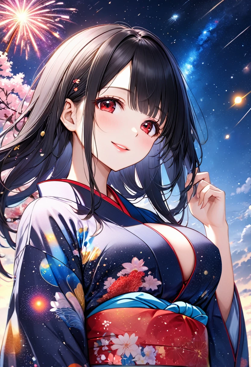 (Tanabata festival style), (in the detailed beautiful night, best sky of Galaxy), (solo:2, 18 yo, straight gloss black hair long hair cool nce girl, cool sexy reyes, glossy lips, love smile, big tits, at sky), (in a cute yukata), break, background detailed Universe and Meteor shower, BREAK, perfect anatomy, masterpiece, best quality, 16k, beautiful detailed galaxy, daydreaming expression.