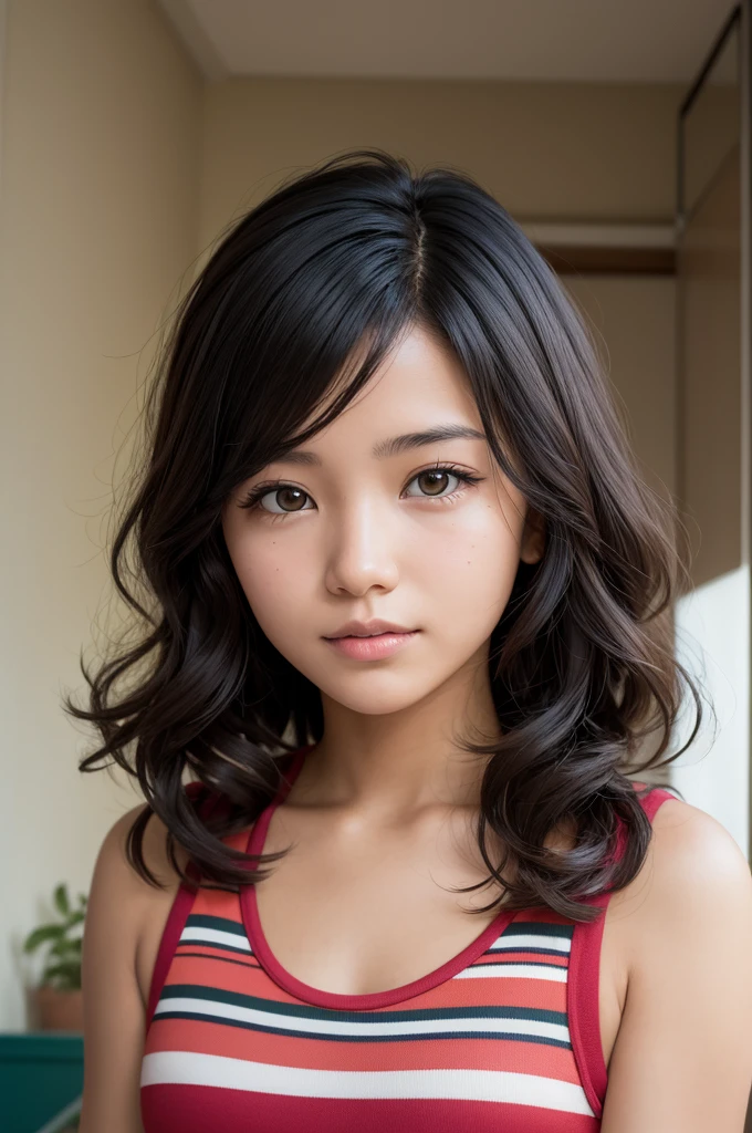 A young, fair-skinned Bolivian woman with short, wavy hair, Christian and short anime style
