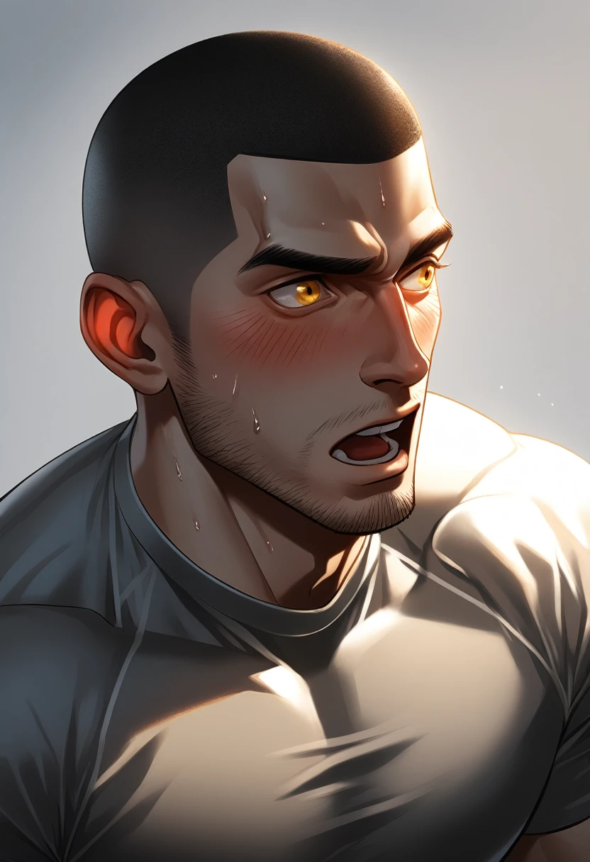 1muscular sportsman, Athlete,male focus, Buzz Cut, Yellow and black Spider-Man tight T-shirt, one ,Very tight, muscular male, muscular, only, Upper body, alone, look to the side, short hair, stubble, sweat, black hair, Yellow eyes, open lips, White background, simple background, amazing quality, best aesthetics, Ridiculous, crew cut, moaning, blush, clair obscur, cinematic lighting, best quality, textured skin