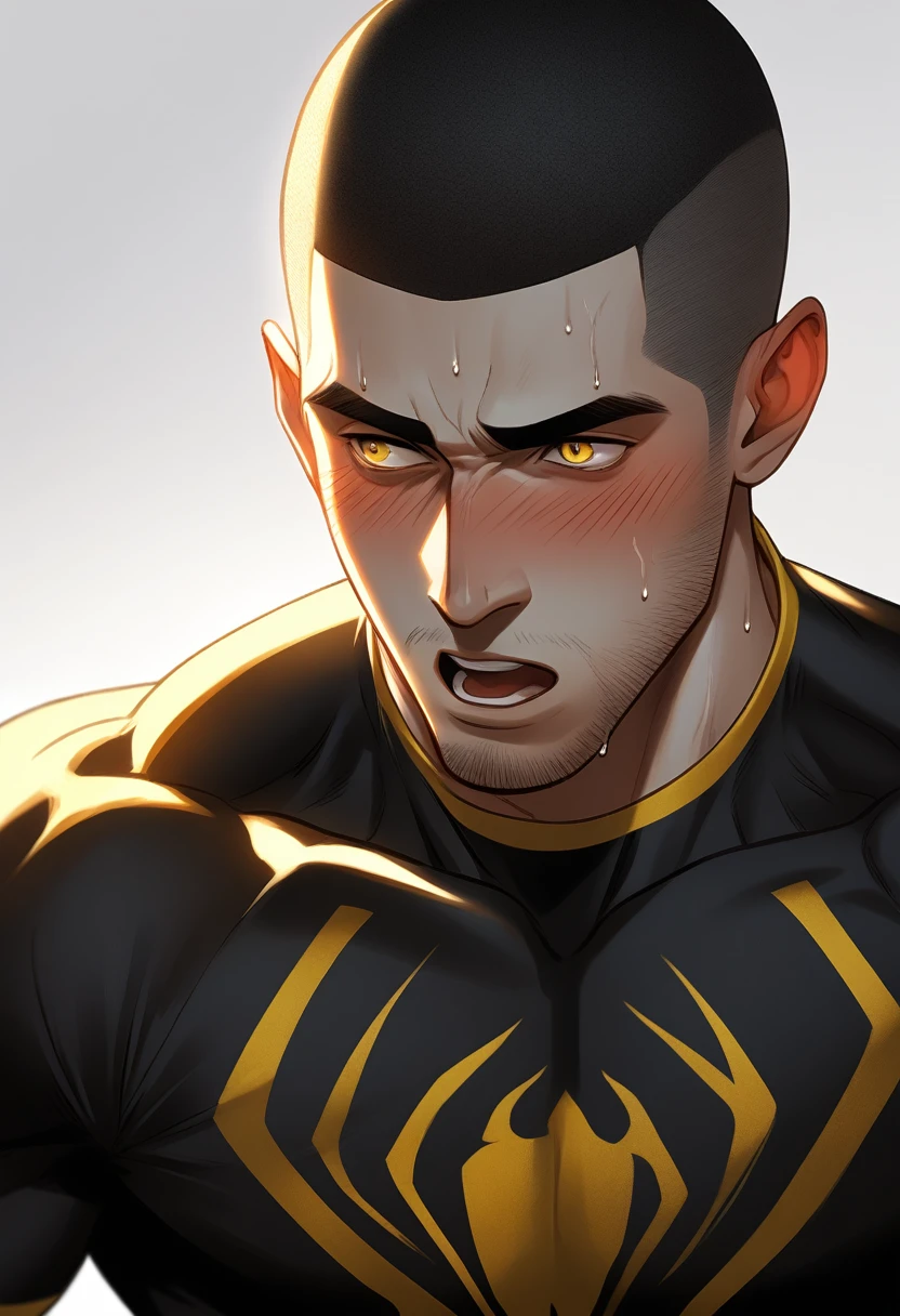 1muscular sportsman, Athlete，male focus, Buzz Cut, Yellow and black Spider-Man tight T-shirt, one ,Very tight, muscular male, muscular, only, Upper body, alone, look to the side, short hair, stubble, sweat, black hair, Yellow eyes, open lips, White background, simple background, amazing quality, best aesthetics, Ridiculous, crew cut, moaning, blush, clair obscur, cinematic lighting, best quality, textured skin