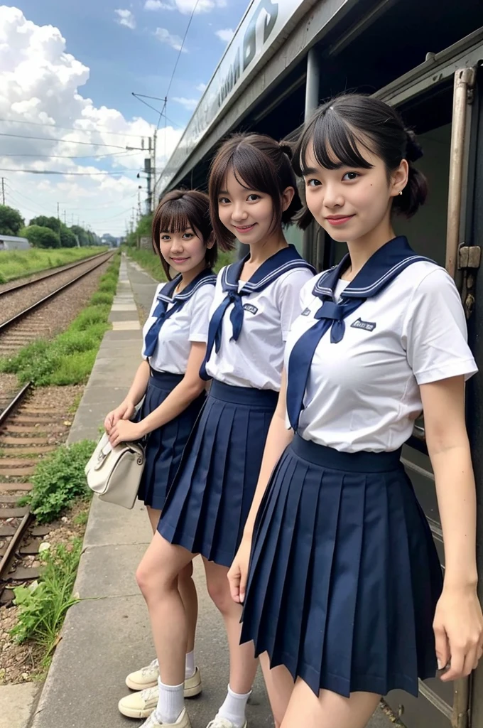 girls in rural railway station,train on far side,cumulonimbus cloud in summer sky,short-sleeved white shirt with sailor collar,navy blue pleated skirt,school bag,18-year-old,bangs,a little smile,thighs,knees,short hair with low pigtails bunches,from beside,front light
