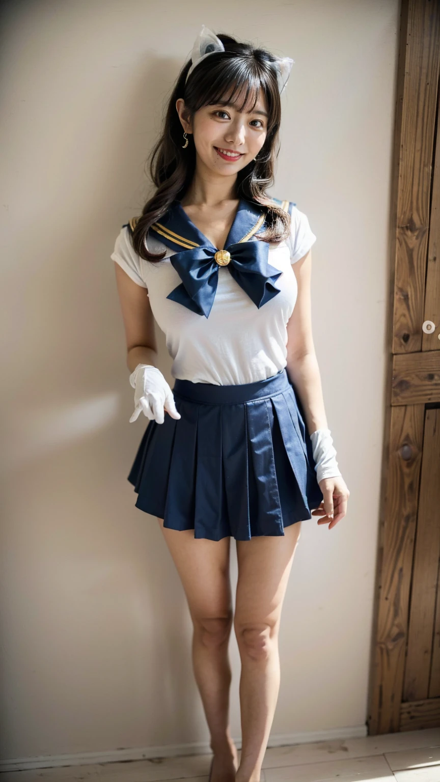 (8K、RAW Photos、Highest quality、masterpiece:1.2)、(Realistic、Realistic)、1 Girl、((Sailor Moon Costume:1.2、Thin legs、whole body、View from the front、smile、Looking into the camera、Hold your skirt with both hands and show me your panties))、cute、Looking up from the feet
